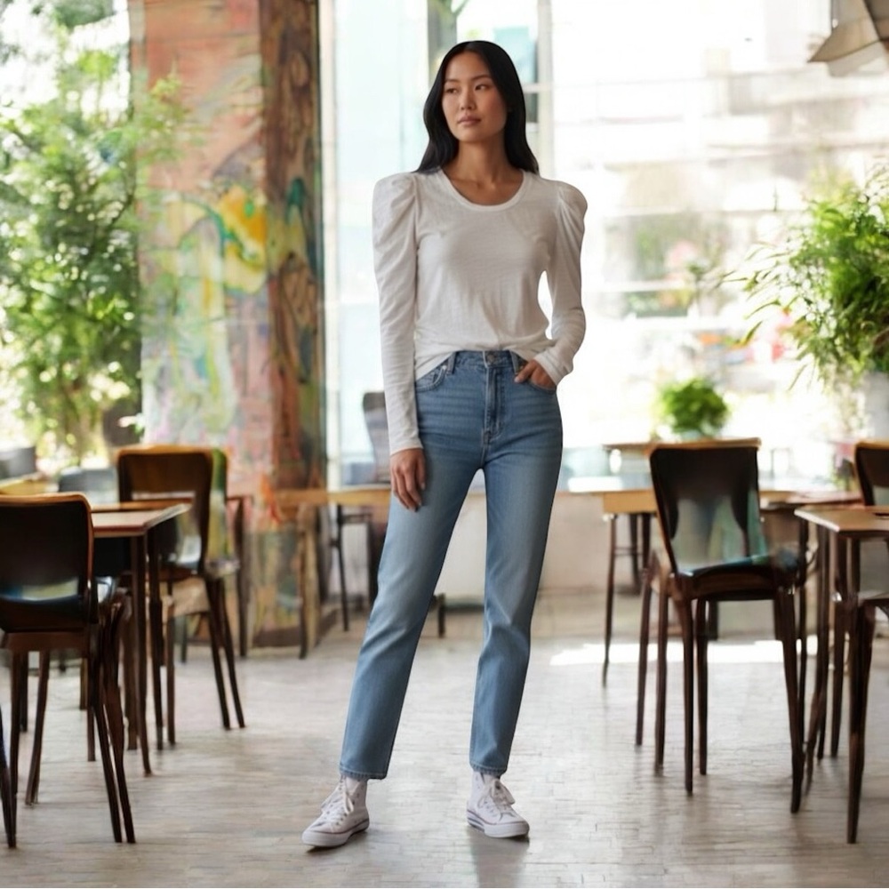 Goldie White Pima Cotton Long Sleeve Tee XS Puff Shoulder